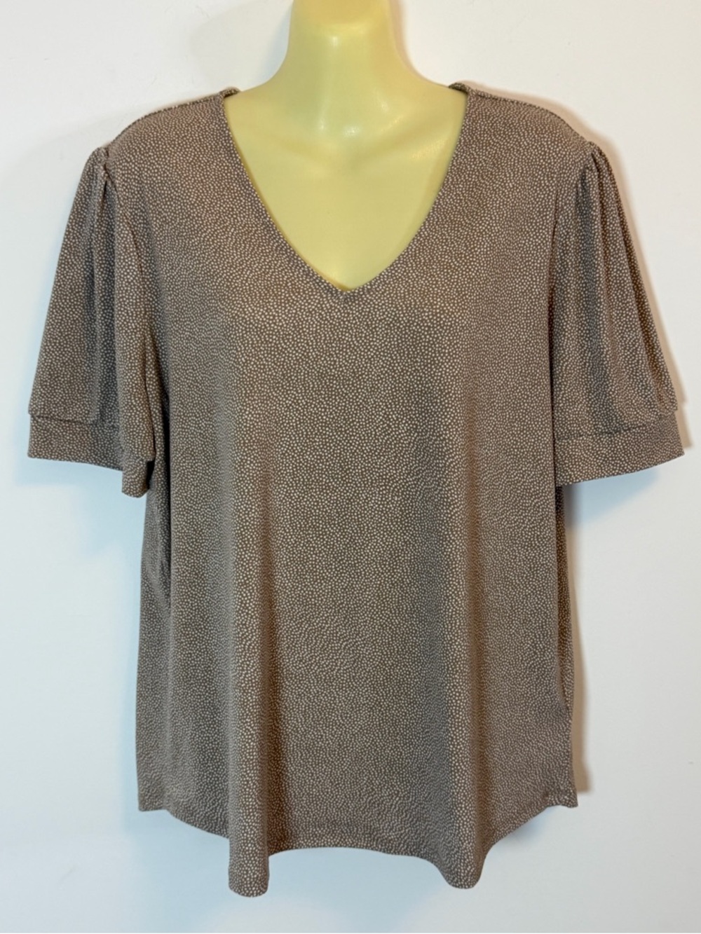Adrianna Papell Taupe Microdot V-Neck Short Sleeve Blouse